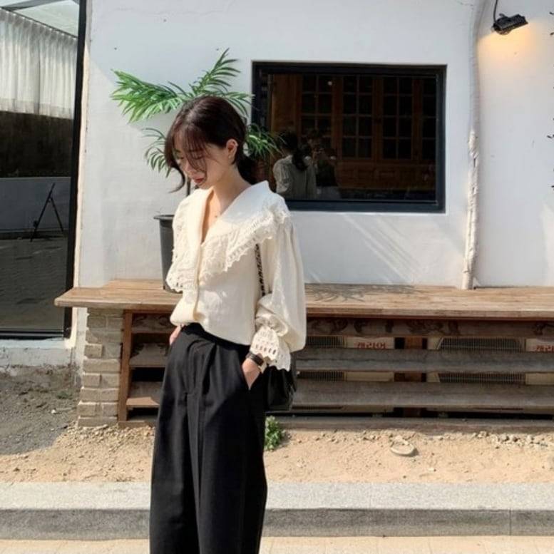 レディース ブラウス トップス シャツ ビッグカラーブラウス 長袖 襟付き Vネック カシュクールブラウス レース フリル