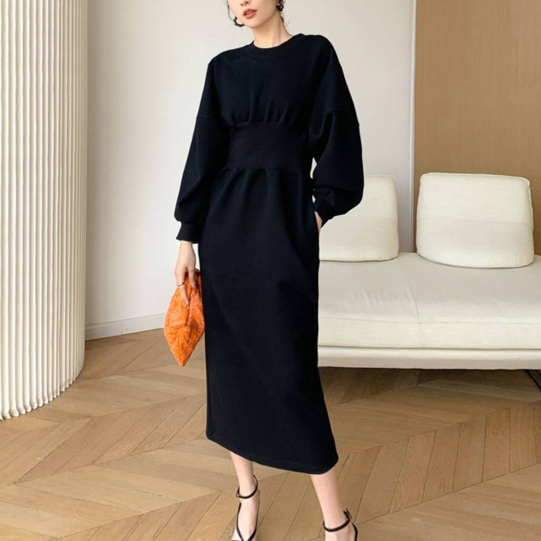レディース ワンピース ロングワンピース ミモレ丈ワンピース ミモレ丈 無地 膝下 タイト 袖あり 長袖 ボリューム袖