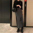 2color レディース スカート ロングツータックスカート ウエストマーク ロング丈 ミモレ丈 タックスカート ロングスカート 無地 灰色(4)
