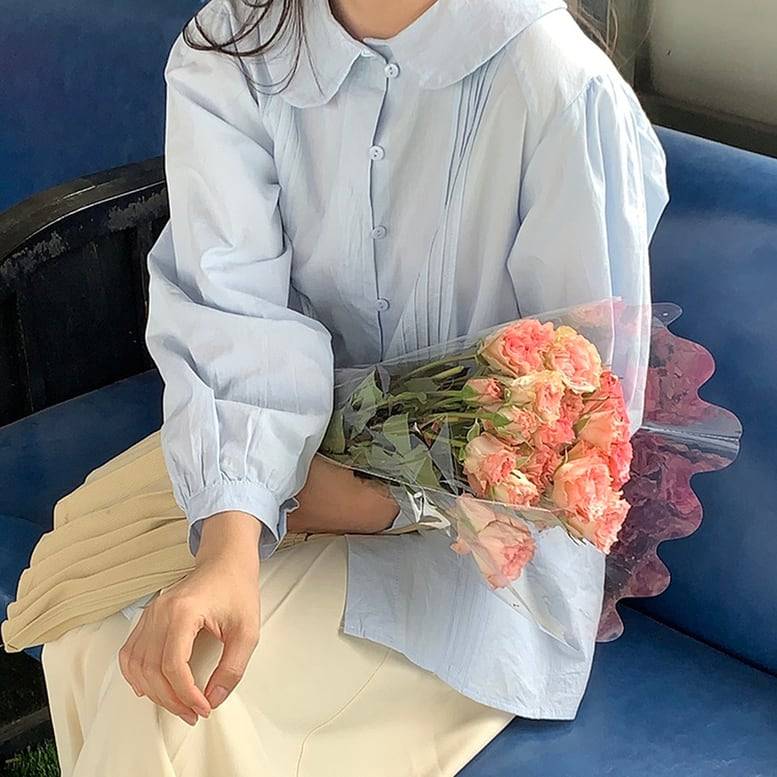 2color レディース シャツ プリーツコットンシャツ ブラウス ラウンドカラーシャツ 丸襟 長袖 襟付き プリーツ 水色 白 ライトブルー