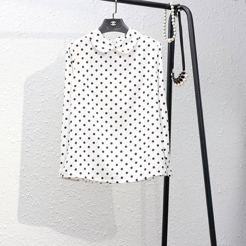 レディース トップス ブラウス プルオーバーブラウス シフォンシャツ 丸襟 シフォン ドット柄 袖あり 長袖 ボリューム袖 ガーリー