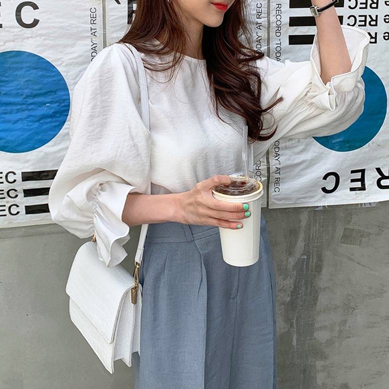 2color バルーンスリーブプルオーバー フリル袖シャツ トップス Tシャツ シャツ ブラウス 半袖 ボリューム袖 パフスリーブ クルーネック きれいめ 上品 ラフ ガーリー ゆったり 体型カバー インスタ映え 春夏 春 夏 かわいい トレンド