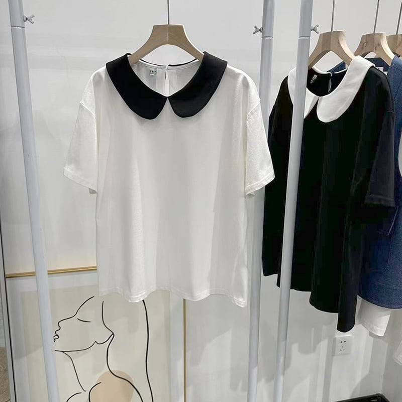 2color レディース トップス カットソー 半袖カットソー 丸襟付き ミディアム丈 バイカラー モノトーン 無地 袖あり 半袖