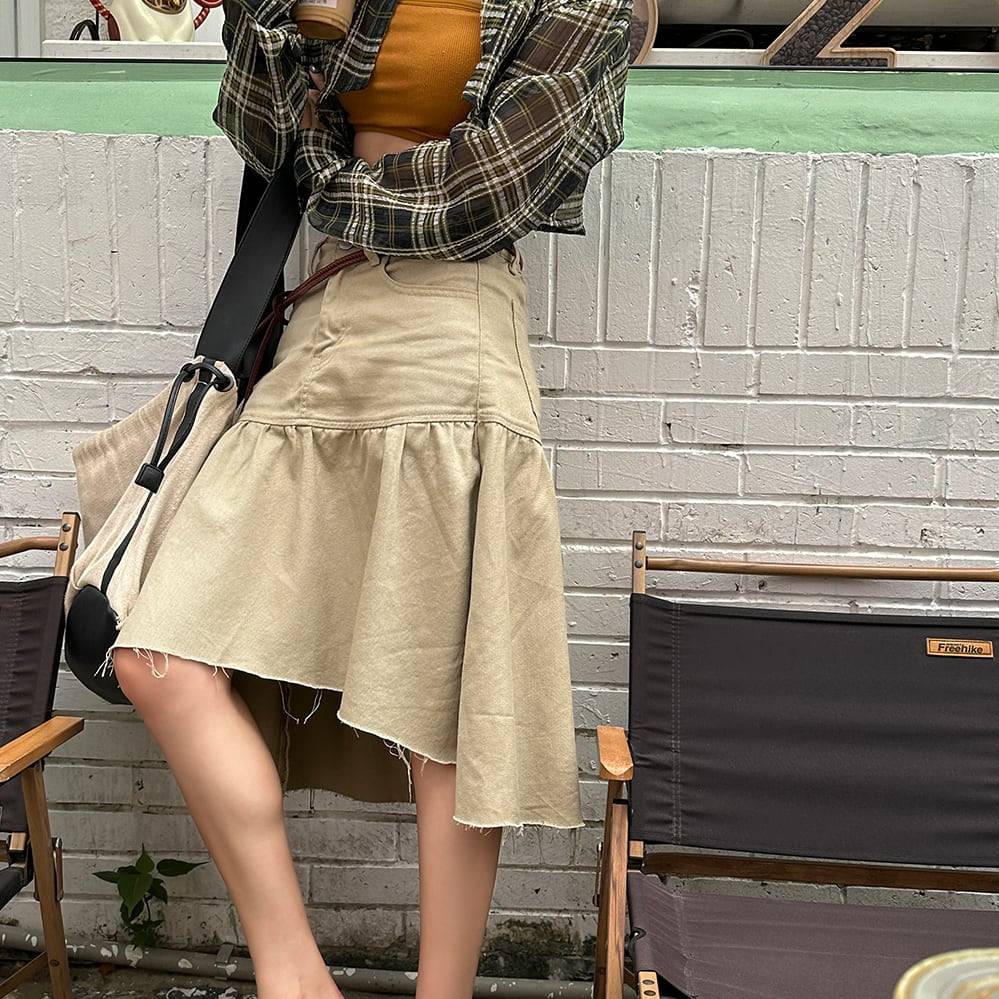 2color レディース スカート フィッシュテールスカート ミドル丈 アシンメトリー イレギュラーヘム カットオフ 切りっぱなし 切り替え