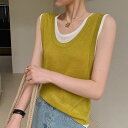 3color レディース トップス タンクトップ レイヤードタンクトップ バイカラー 2点セット ニット リブ 無地 袖なし ノースリーブ(4)