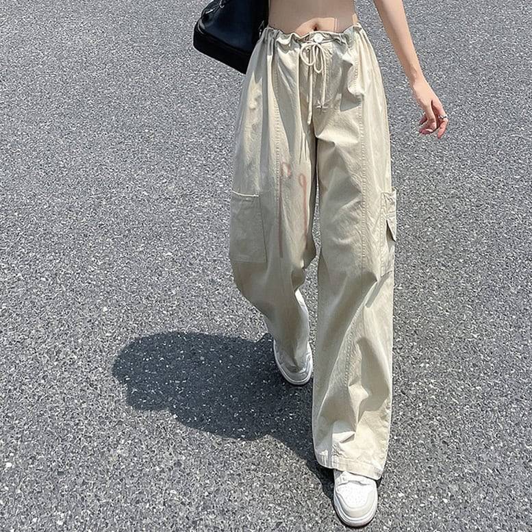 3color レディース カーゴパンツ ボトムス ワイドパンツ イージーパンツ リラックスパンツ ウエスト紐 ハイウエスト フルレングス