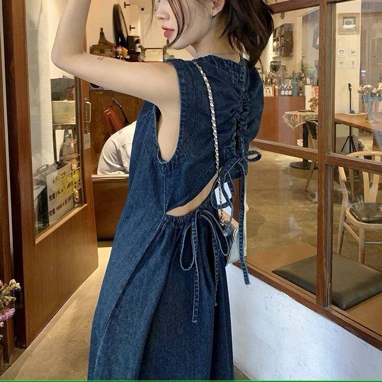 レディース ワンピース ロングワンピース ミモレ丈ワンピース ミモレ丈 デニムワンピース ノースリーブワンピース 膝下 袖なし