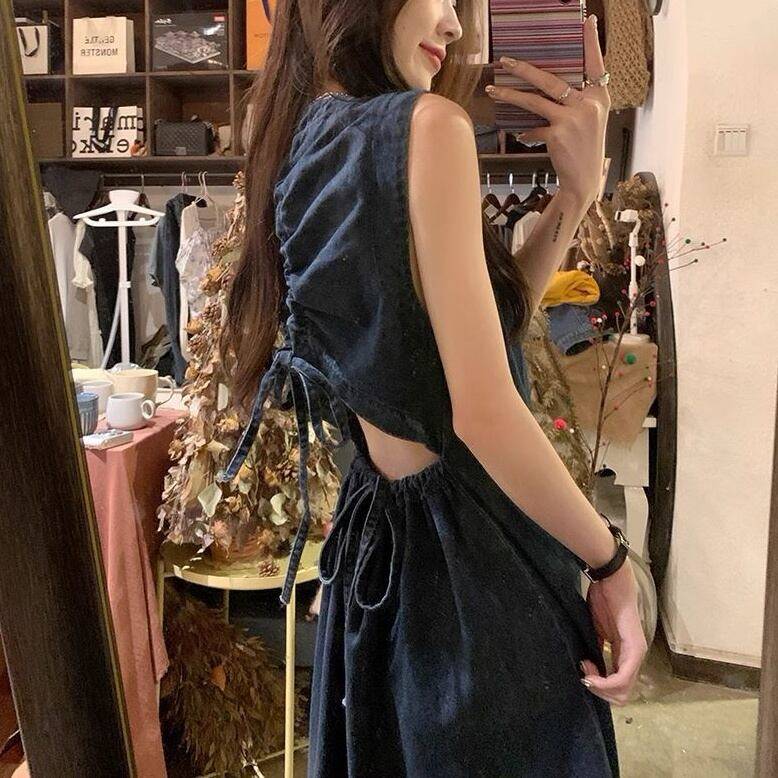 レディース ワンピース ロングワンピース ミモレ丈ワンピース ミモレ丈 デニムワンピース ノースリーブワンピース 膝下 袖なし