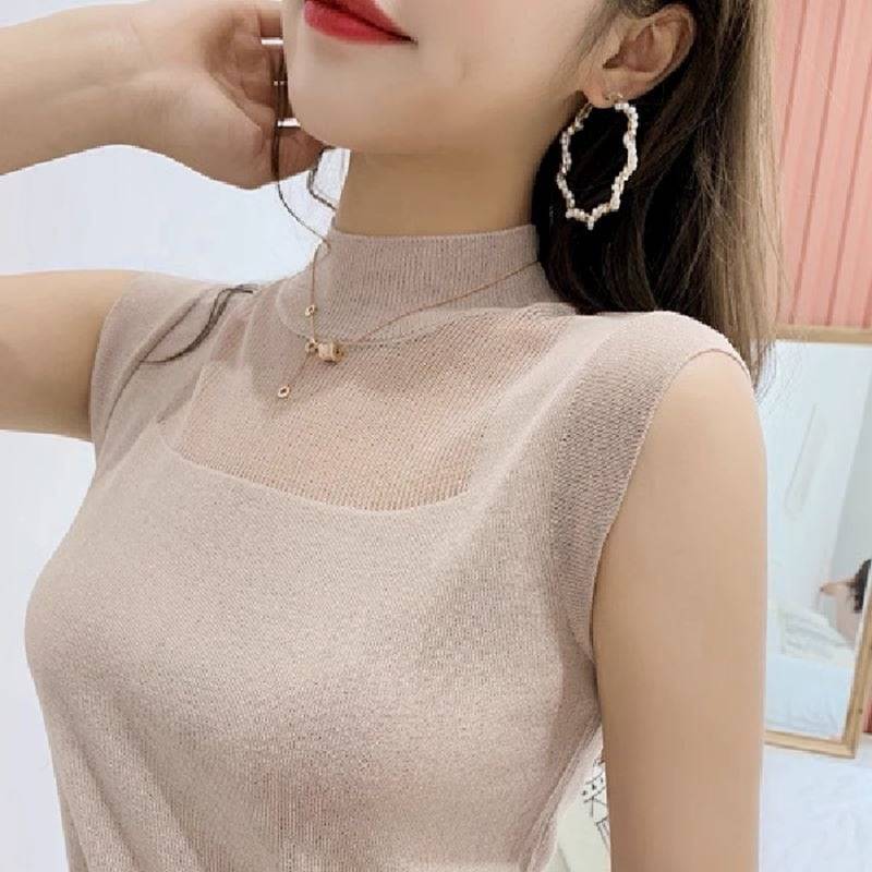 5color レディース トップス ノースリーブニット プルオーバー サマーニット シアー 透け感 涼しい 無地 袖なし ノースリーブ 肌魅せ