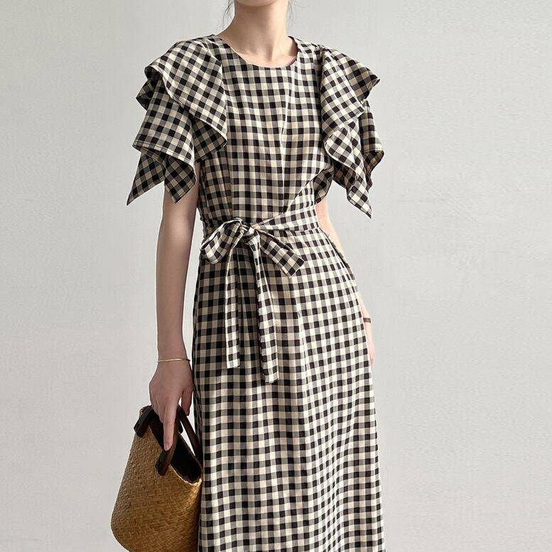 レディース ギンガムチェック袖コンワンピース ワンピース ギンガムチェック フレアスリーブ 半袖 ロングワンピース ウエストリボン