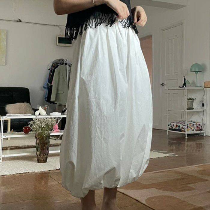 2color レディース スカート ロングスカート バルーンスカート ミドル丈 バルーン ふんわり 無地 ハイウエスト 華奢見え 楽ちん