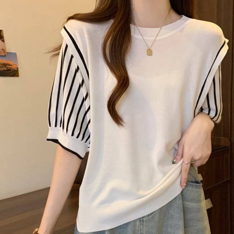 2color レディース ストライプ袖切り替えカットソー トップス カットソー シャツ 切り替え 半袖 クルーネック Tシャツ 切り替えトップス 無地 ストライプ 白 黒 ホワイト ブラック オシャレ シンプル 可愛い キレイめ 上品 フェミニン マニッシュ カジュアル 春 夏 普段着