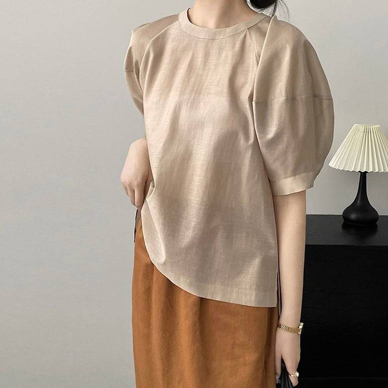 2color レディース シアープルオーバーシャツ トップス シャツ プルオーバー パフスリーブ 半袖 ラウンドネック シアーシャツ 半袖シャツ ブラウス 無地 カーキ ベージュ シアー シンプル 可愛い キレイめ 上品 フェミニン ハンサム マニッシュ カジュアル 春 夏 デイリー