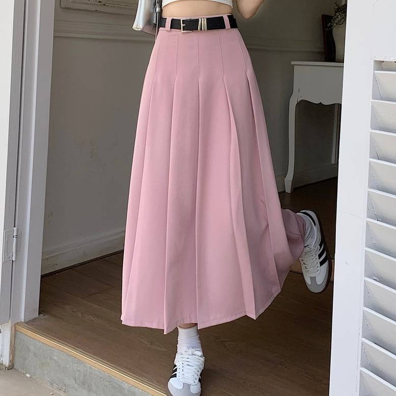 樂天商城 - 4color レディース ロングプリーツスカート スカート ロングスカート プリーツスカート ロング丈 ミモレ丈 フレア 無地 タックスカート ピンク パープル グレー ブラック ハリ感 オシャレ シンプル きちんと感 可愛い キレイめ 上品 フェミニン トラッド シック 知的