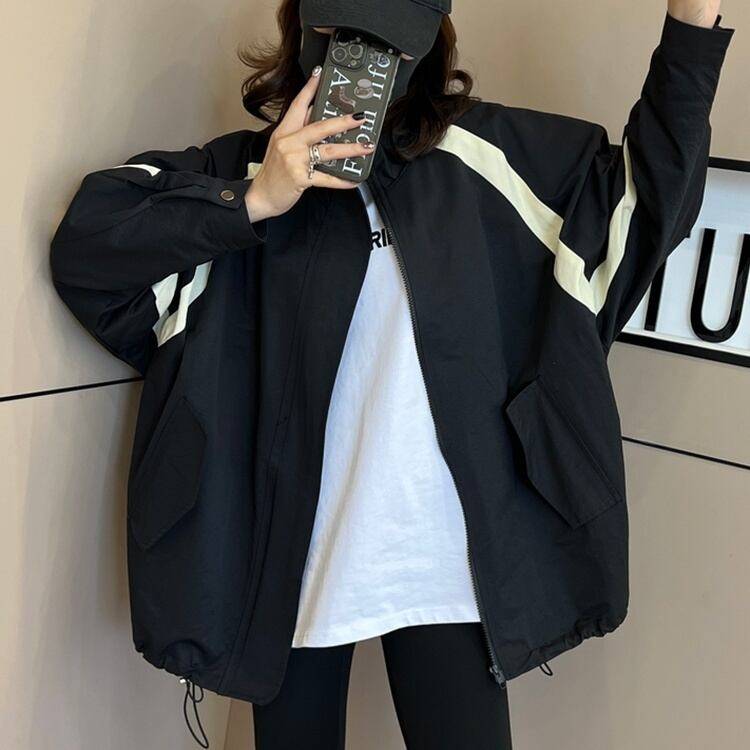 レディース アウター ジャケット マウンテンパーカー ウインドブレーカー ミディアム丈 オーバーシルエット ジップアップ スタンドカラー ポケット ドロスト バイカラー配色 モノトーン アウトドア スポーティー 大人カジュアル ブラック お洒落 春夏 春 秋 ママ