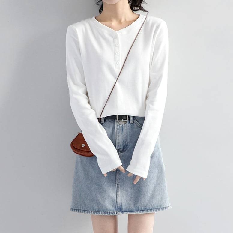 レディース リブコットンシャツ トップス シャツ プルオーバー 長袖 ハーフボタン Vネック リブシャツ Tシャツ 無地 コットンシャツ オシャレ シンプル 可愛い キレイめ 上品 フェミニン 知的 マニッシュ カジュアル 大人可愛い エレガント ガーリー キュート デイリー