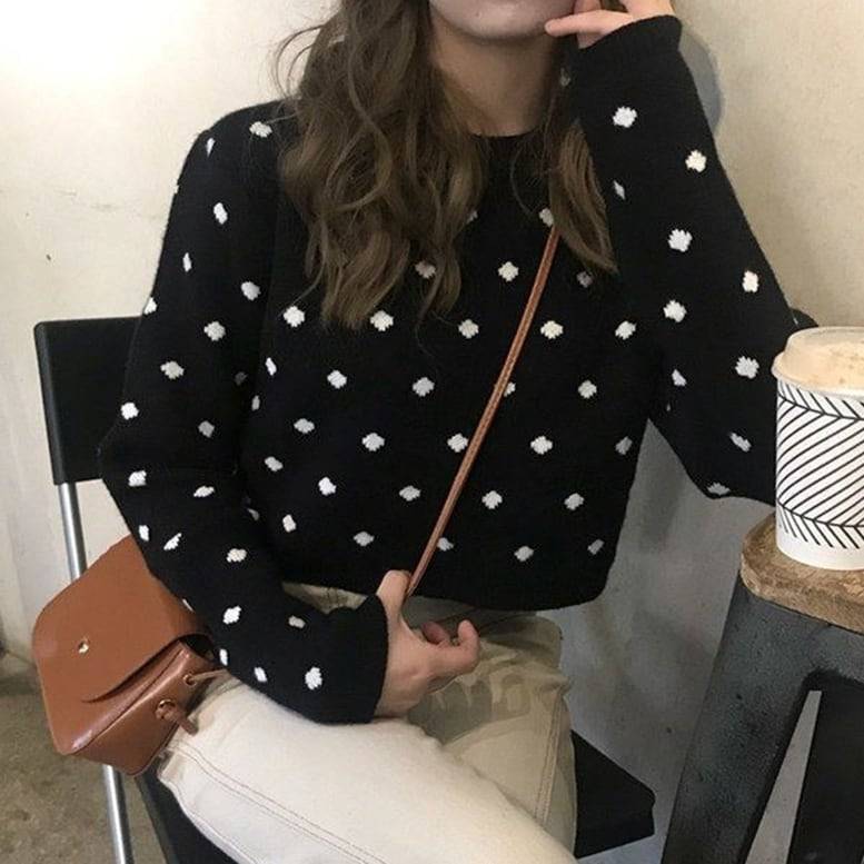 3color レディース ドット柄ニット トップス ニット ドット柄 長袖 クルーネック クロップドニット オシャレ シンプル 可愛い キレイめ 上品 フェミニン ちょい甘 知的 ハンサム マニッシュ カジュアル 大人可愛い エレガント ガーリー キュート レトロ デイリー おでかけ