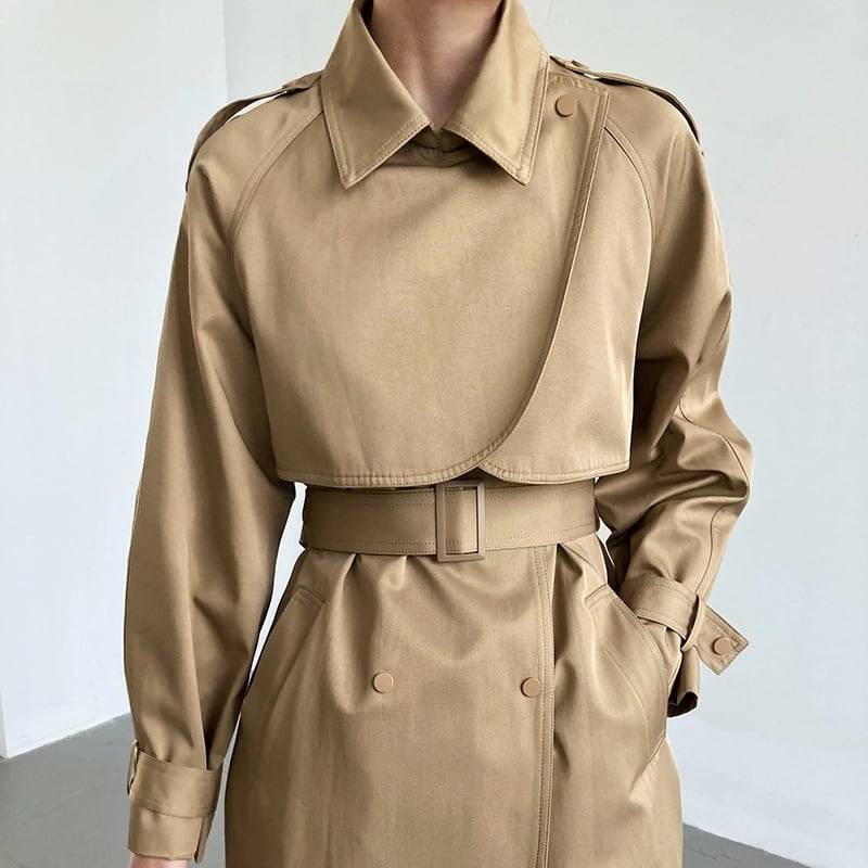 2color レディース アウター コート トレンチコート ロングコート ロング丈 薄手 裏地付き ポケット 襟付き ダブルボタン 立体感 袖あり 長袖 ベルト付き きれいめ エレガント 上品 大人カジュアル キレカジ ゆったり カーキ ブラック お洒落 春 秋冬 秋 冬 ママ