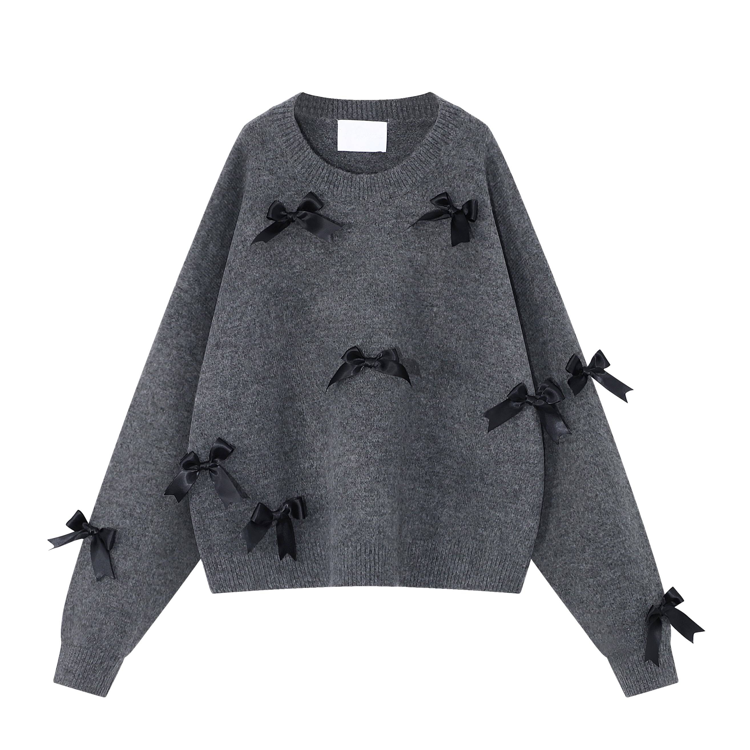 レディース トップス セーター リボン付き プルオーバー ゆったり 体型カバー リブ 無地 袖あり 長袖 ボリューム袖 ガーリー 大人カジュアル カジュアル フェミニン グレー お洒落 春 秋 秋冬 ママ ママコーデ 20代 30代 40代 デート お出かけ 普段使い 韓国 トレンド