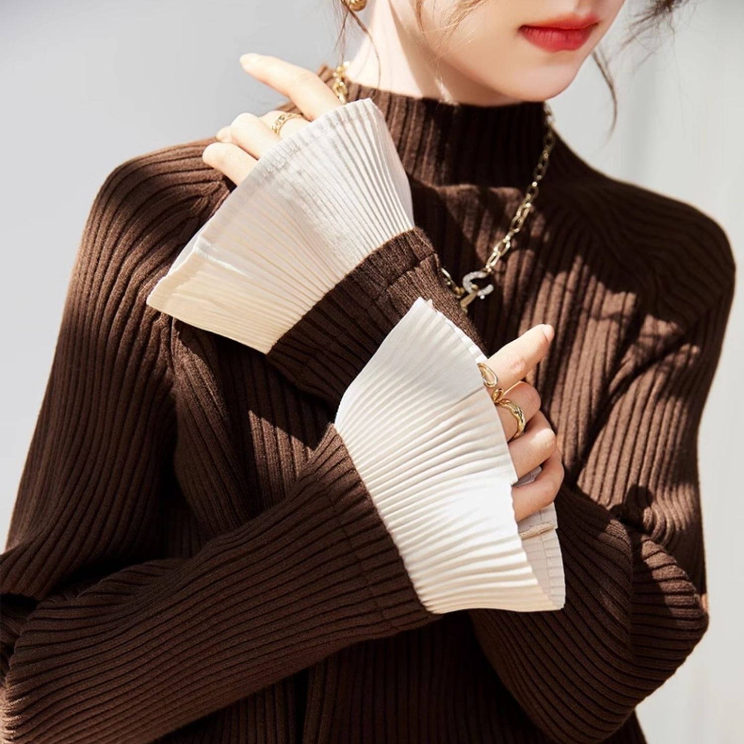 3color レディース トップス ニットセーター ニット セーター プルオーバー レイヤード風 プリーツ リブニット スリット ボタン 無地 袖あり 長袖 ゆったり ハイネック 大人カジュアル カジュアル フェミニン ブラウン ブラック グレー お洒落 春 秋 秋冬 ママ