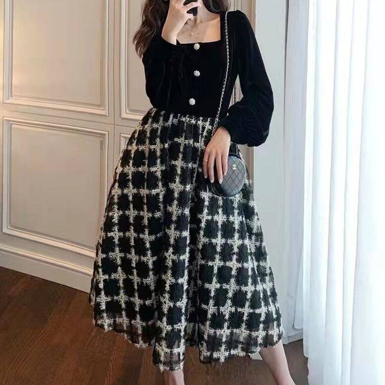 レディース 異素材ワンピース ワンピース 切り替えワンピース ロングワンピース ベロア+フリンジチェックMIXワンピ スクエアネック 長袖 ロング丈 ミモレ丈 フロントボタン フレアワンピース ボリュームスリーブ オシャレ 可愛い キレイめ 上品 フェミニン 華やか