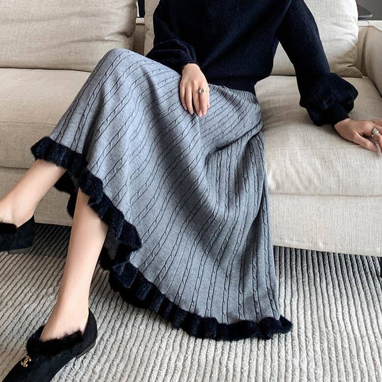 5color レディース ニットフレアスカート スカート ニットスカート ロングスカート フレアスカート 裾切り替え ケーブル編みMIXスカート ロングニットスカート オシャレ シンプル 可愛い キレイめ 上品 フェミニン 大人可愛い エレガント ガーリー キュート おでかけのサムネイル