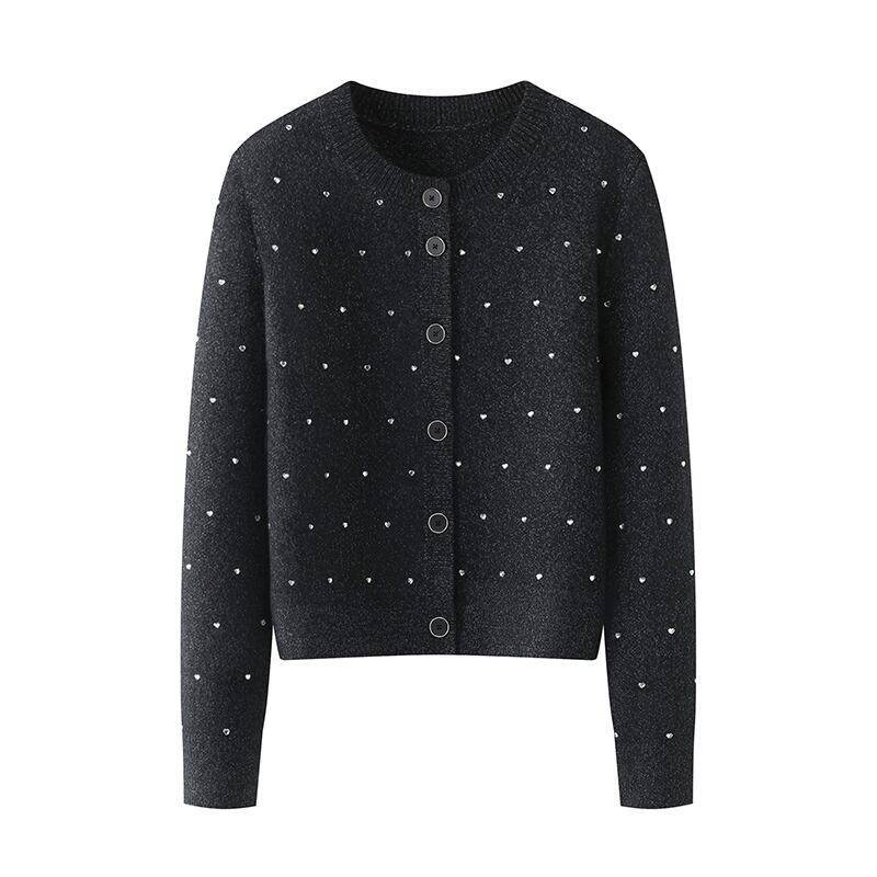 レディース トップス カーディガン ニットカーディガン ハートビジュー ミドル丈 ニット 無地 袖あり 長袖 ラウンドネック 清潔感 大人カジュアル カジュアル フェミニン ガーリー シック ブラック お洒落 春 秋 冬 秋冬 ママ ママコーデ 20代 30代 40代 デート