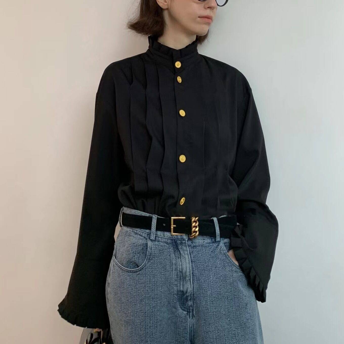 3color レディース トップス シャツブラウス シャツ ブラウス プリーツブラウス ミドル丈 スタンドカラー ゴールドボタン 無地 袖あり 長袖 ランタンスリーブ きれいめ 上品 大人カジュアル カジュアル フェミニン ガーリー お洒落 春 秋 冬 ママ ママコーデ 20代 30代