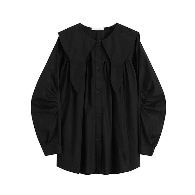 2color レディース トップス ブラウス シャツブラウス ドールカラー ミドル丈 切り替え ギャザー 無地 袖あり 長袖 二の腕カバー ゆったり 大人カジュアル カジュアル フェミニン ガーリー レトロ ブラック ホワイト お洒落 春 秋 冬 秋冬 ママ ママコーデ 20代 30代