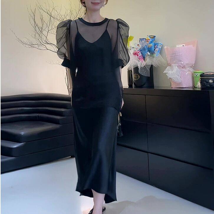 レディース ワンピース ドレス シアーブラウス 2ピース 2点セット キャミワンピース ロング丈 フィッシュテール 膝下 袖なし パフスリープ ノースリーブ Vネック バックシャン セクシー Iライン フェミニン エレガント 上品 きれいめ ブラック お洒落 春夏 春 夏 秋