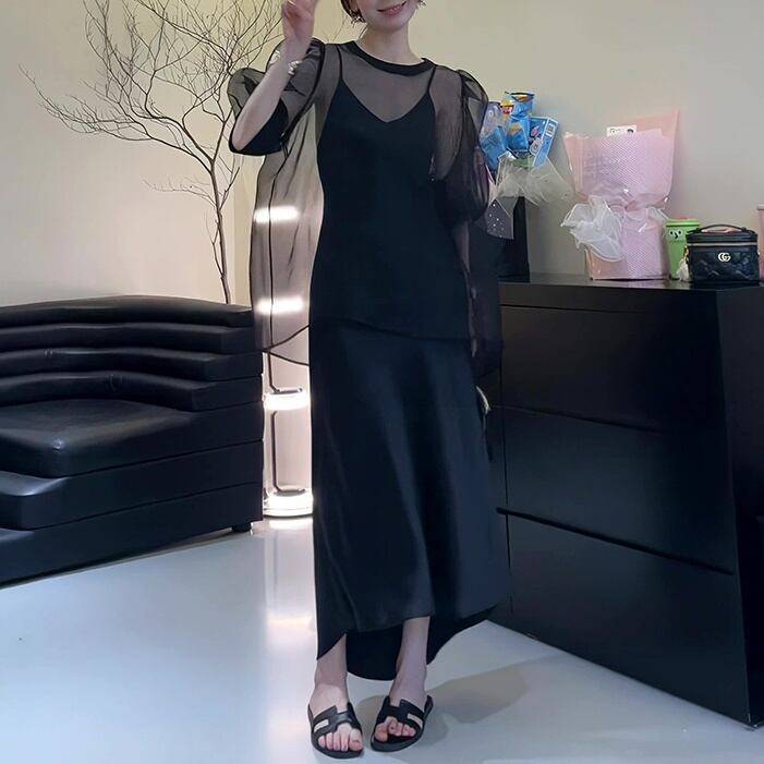 レディース ワンピース ドレス シアーブラウス 2ピース 2点セット キャミワンピース ロング丈 フィッシュテール 膝下 袖なし パフスリープ ノースリーブ Vネック バックシャン セクシー Iライン フェミニン エレガント 上品 きれいめ ブラック お洒落 春夏 春 夏 秋