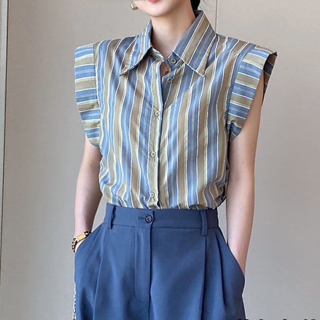 乐天商城 - レディース トップス シャツブラウス シャツ ブラウス フレンチスリーブシャツブラウス 襟付きポロ襟 前開き ストライプ柄 レトロ 袖なし ノースリーブ フレンチスリーブ 清潔感 エレガント 大人カジュアル カジュアル フェミニン ガーリー お洒落 春夏 春 夏 秋 ママ
