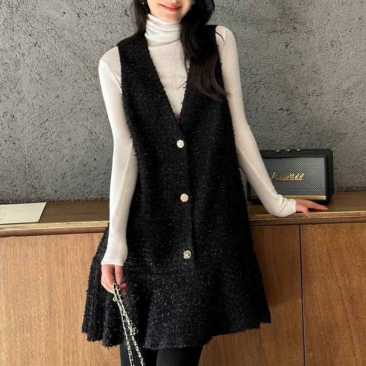 レディース ジャンスカ ジャンパースカート ミニ丈 Vネック ツイード マーメイド 袖なし ノースリーブ フレア フリル ハイウエスト 華奢見え エレガント ゴールドボタン ガーリー 大人カジュアル 上品 きれいめ ブラック お洒落 春 秋冬 秋 冬 ママ ママコーデ 20代