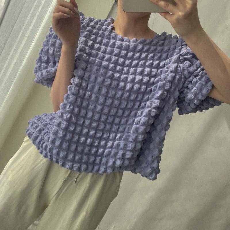 3color レディース トップス カットソー 半袖 絞り ガーリー フェミニン 大人カジュアル 小花柄 ブルー お洒落 春夏 春 夏 秋冬 秋 冬 ママ ママコーデ 20代 30代 40代 デート お出かけ 普段使い 韓国 トレンド 可愛い 大人