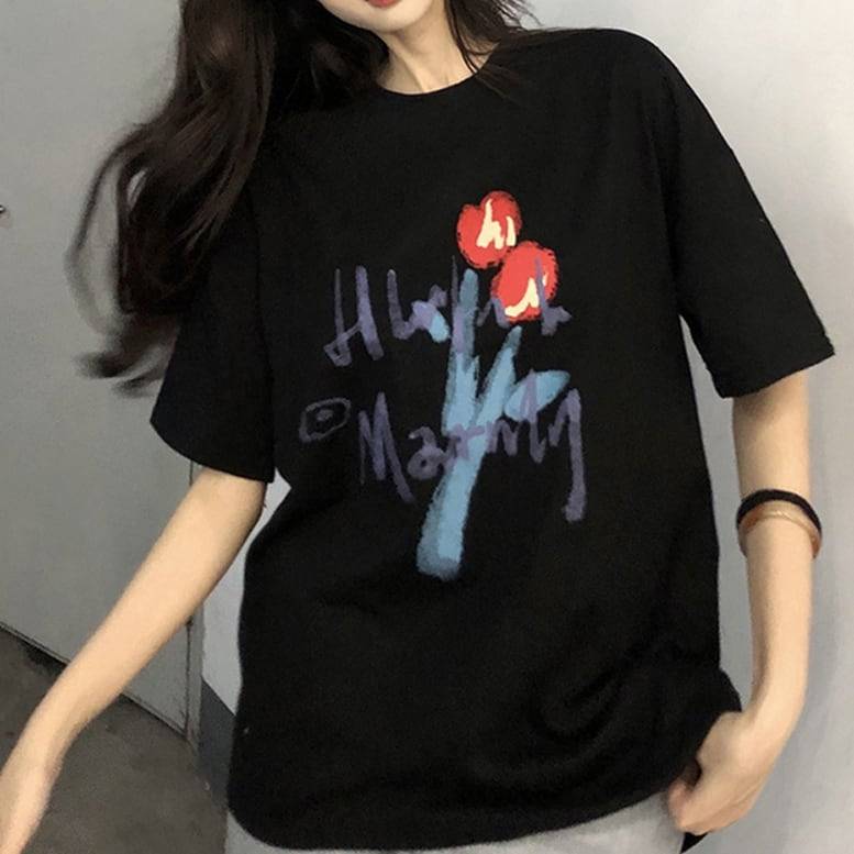 2color レディース プリントTシャツ ペイント ビッグTシャツ オーバーシャツ トップス プルオーバー ラウンドネック 半袖 ドロップショルダー チュニック シャツ ロンT 黒 ブラック 白 ホワイト 大人可愛い きれいめ 大人 上品 おしゃれ