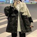レディース デニムジャケット ウォッシュデニム ブラック 配色 バイカラー ブルゾン ジャンパー アウター アシンメトリー 長袖 襟付き ドロップショルダー ワイド オーバーサイズ ビッグシルエット モノトーン 黒 春夏 春 夏 秋冬 秋 冬 ゆったり