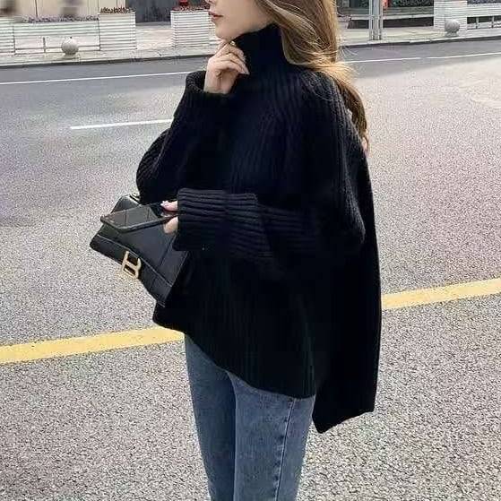 4color レディース トップス ニット セーター リブニットセーター 袖あり 長袖 萌え袖 ボリューム袖 二の腕カバー プルオーバー タートルネック バックスリット ビックシルエット オーバーサイズ 無地 ドロップショルダー ラフ ルーズ シンプル