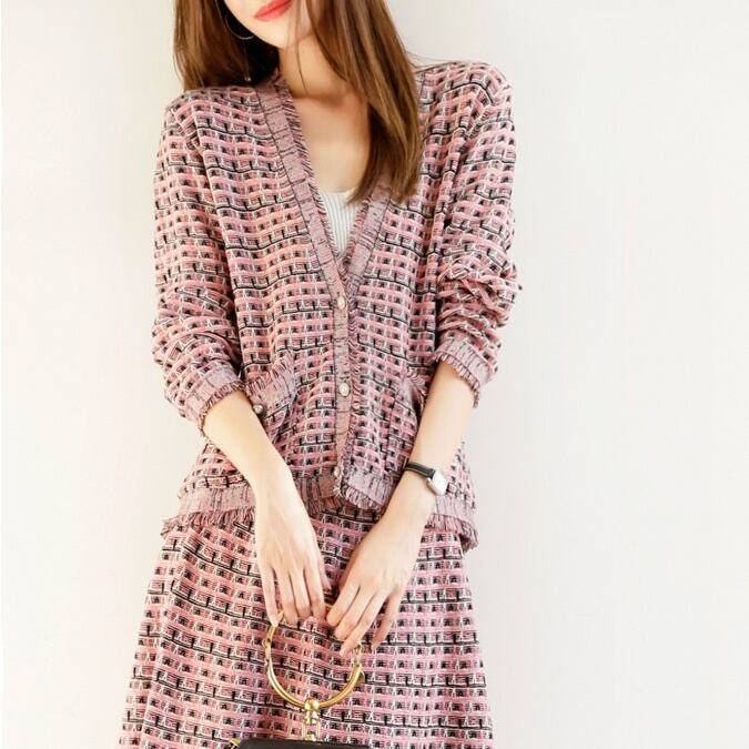 3color レディース セットアップ ツーピース 2点セット お得 ニット スカート フリンジ ツイード ジャケット 袖あり 長袖 パールボタン 膝上 ハイウ...