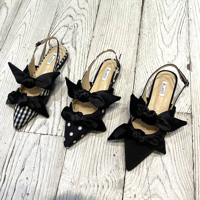 3type レディース ミュール サンダル ミュールサンダル ローヒール 1cmヒール 3cmヒール ポインテッドトゥ 歩きやすい 痛くない 履きやすい ダブルリボン リボン バックストラップ 無地 チェック柄 ドット柄 大人カジュアル ブラックのサムネイル