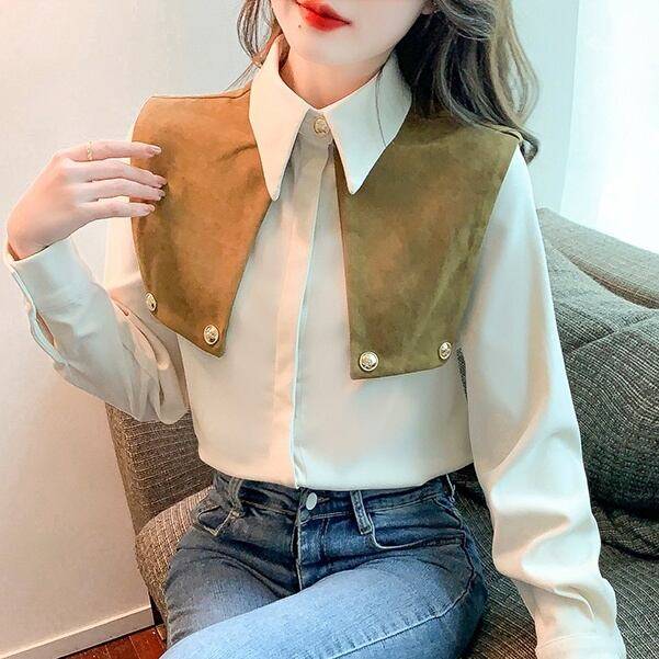 レディース トップス シャツ ブラウス シャツブラウス シフォンシャツ ビックカラー風 ゴールドボタン ポロ襟 襟付き 袖あり 長袖 清楚 大人ガーリー 大人カジュアル 大人フェミニン きれいめ シンプル おしゃれ お洒落 春夏 春 夏 秋冬 秋