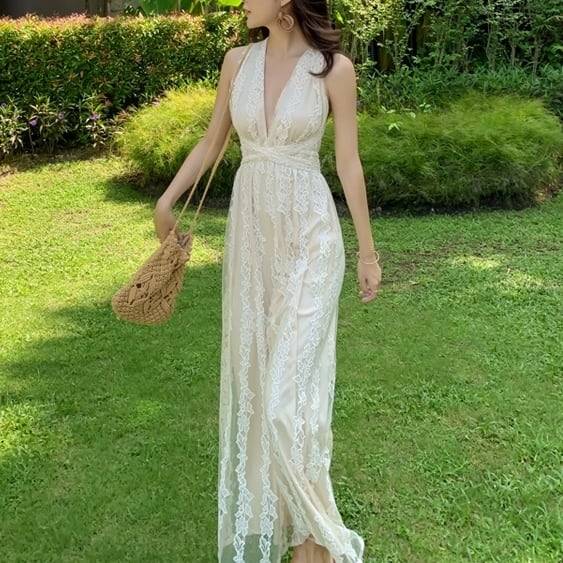 レディース ドレス パンツドレス オールインワン リゾートオールインワン リゾート Vネック 袖なし ノースリーブ 肌魅せ 背中魅せ ハイウエスト ロング丈 ワイドパンツ プルオーバー レース 透け感 無地 シンプル 大人フェミニン ホワイト お洒落