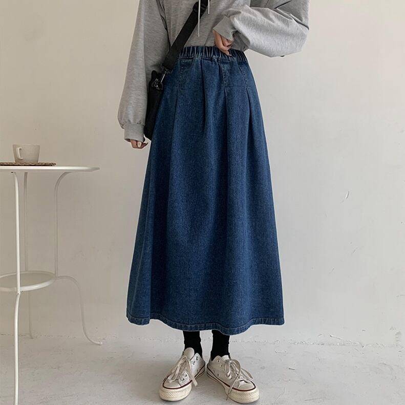 レディース スカート デニムスカート デニム ロングスカート ロンスカ ロング丈 ロング マキシ丈 マキシ タック Aライン ウエストゴム ストレスフリー 着やせ 脚長 ハイウエスト 古着 ストリート 大人カジュアル 大人ガーリー レトロ お洒落 春夏