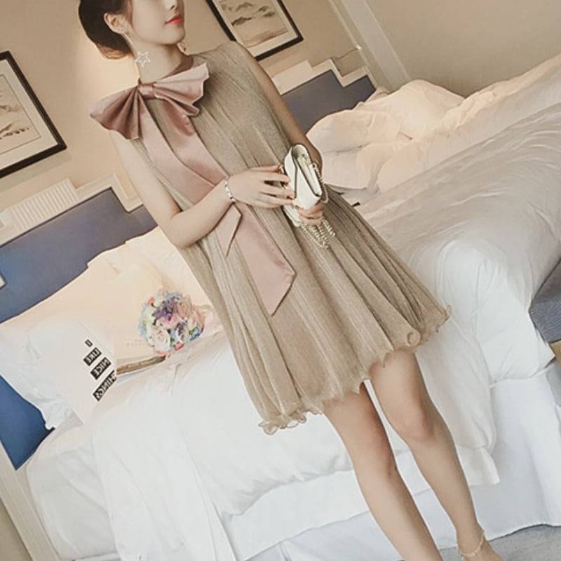 2color レディース ワンピース リボン フレア ひざ丈 ノースリーブ ベージュ ブラック 春 夏 春夏 ニュアンスカラー 大人可愛い きれいめ エレガント 上品 クラシック レトロ ガーリー カジュアル 大人女子 モード系 スタイリッシュ