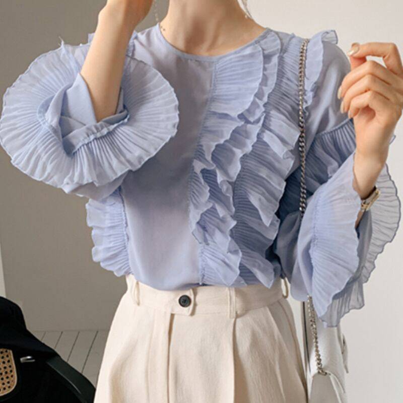 樂天商城 - 2color レディース トップス フリル 長袖 シフォン ホワイト ブルー エレガント 春 秋 ニュアンスカラー 大人可愛い きれいめ 上品 クラシック レトロ ガーリー カジュアル 大人女子 モード系 スタイリッシュ おしゃれ 華やか 通勤 通学