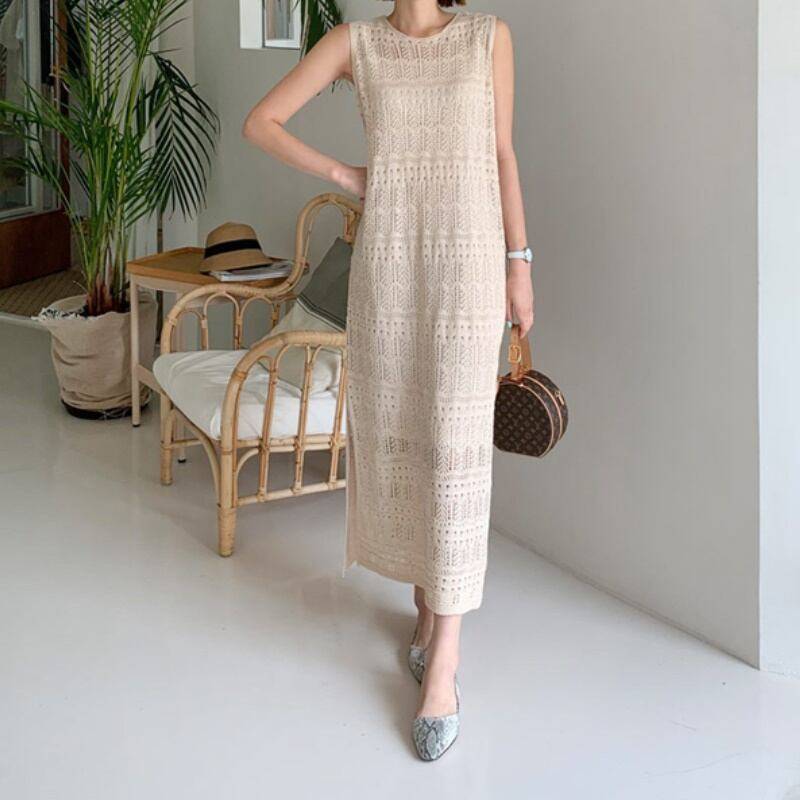 3color レディース ワンピース ロング丈 スリット ホワイト ベージュ ブラック エレガント 春 夏 春夏 ニュアンスカラー 大人可愛い きれいめ 上品 クラシック レトロ ガーリー カジュアル 大人女子 モード系 スタイリッシュ おしゃれ