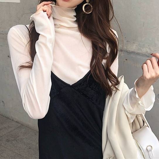 4color トップス 長袖 長そで ロングスリーブ ハイネック タイト フィット エアリー シアー シースルー シンプル 透け感 きれいめ 上品 レイヤード 重ね着 春夏 春 夏 秋冬 秋 冬 ママコーデ 韓国 トレンド かわいい 大人かわいい