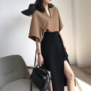 2color セットアップ セット set 2点セット 上下セット トップス 半袖 半そで スカート ラップスカート 膝下 リボン ウエストリボン スリット ゆったりサイズ 大きい ビックサイズ 無地 シンプル スタイリッシュ 冬 韓国 大人かわいい