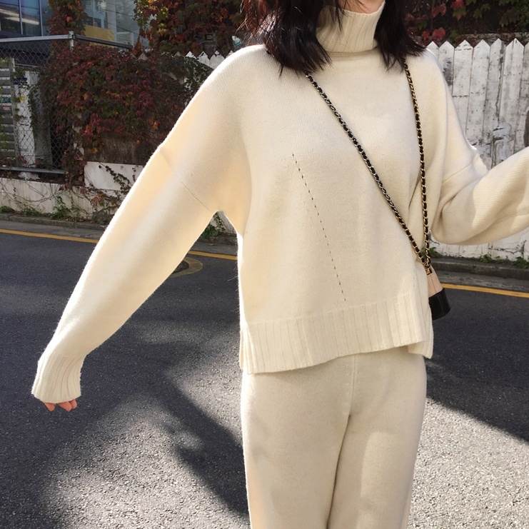 6color セット セットアップ セパレート 上下セット トップス 長袖 長そで タートルネック ニット セーター パンツ ロングパンツ ニットパンツ ロング丈 スタイリッシュ きれいめ ラフ 重ね着 体型カバー 二の腕カバー 春 秋冬 秋 冬