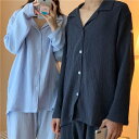 2color レディース メンズ カップル パジャマ ルームウェア ナイトウェア お揃い イロチ 上下セット 2点セット パンツ シャツ 襟付き ボタン 前開き...