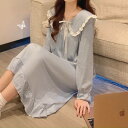 4color レディース 寝巻 パジャマ ルームウェア ナイトウェア ネグリジェ ワンピース レース 襟付き リボン 萌え袖 長袖 おうちこーで おうち時間 お...